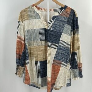 LOMEN Boutique Patchwork Boho Blouse Women's XL Smocked Sleeve Stretch‎ Top